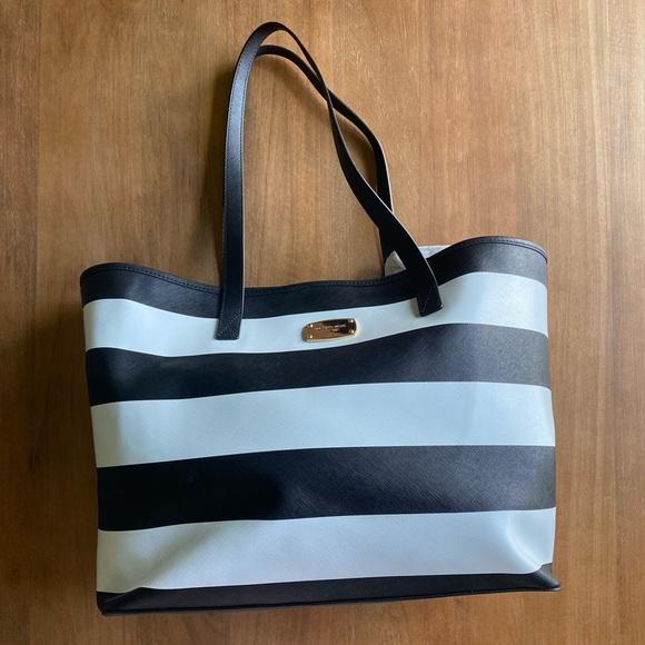Michael Kors Leather Jet Set Tote Black & White Stripe - Picture 1 of 5
